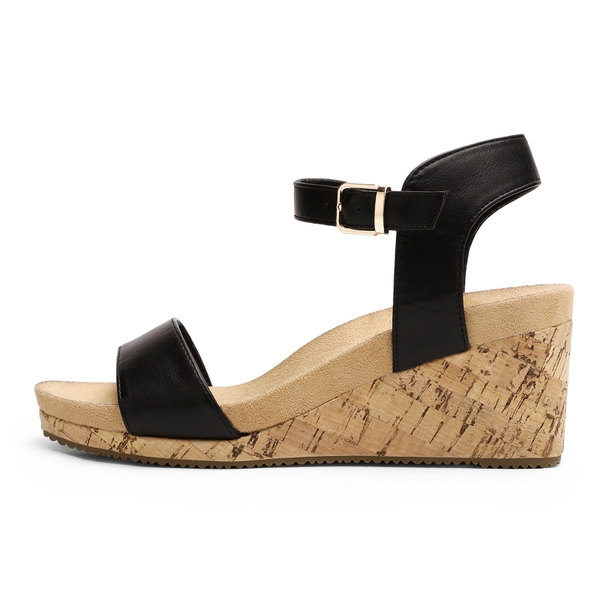 Buckle Platform Wedge Sandals - BLACK PU - 1